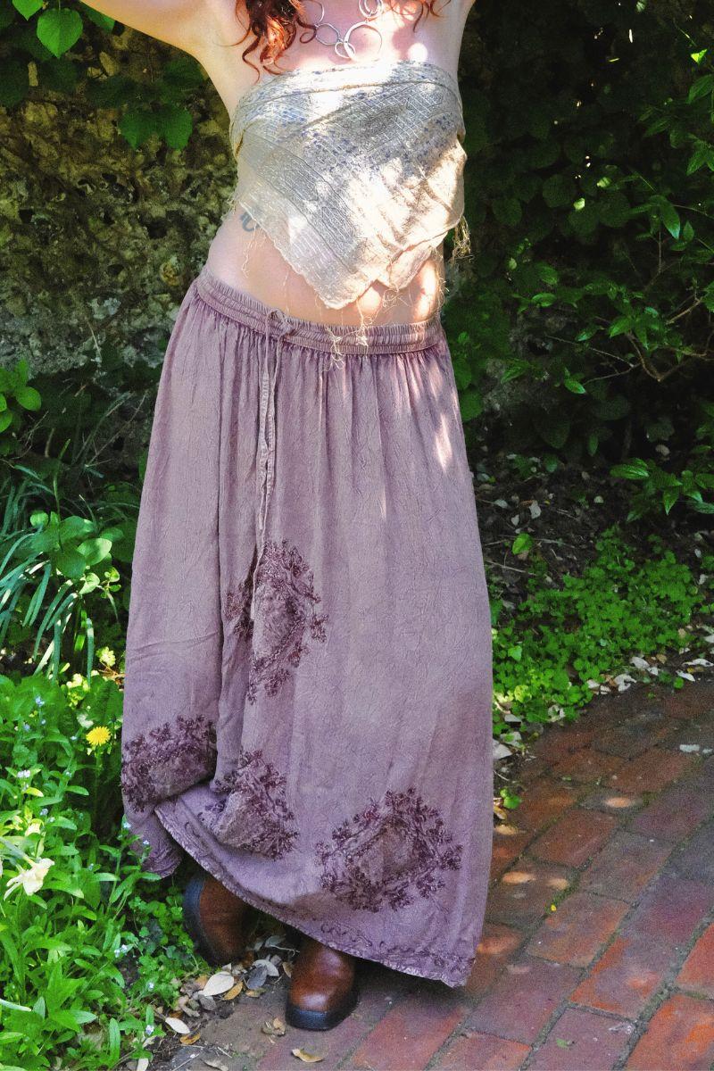 Embroidered Drawstring Midi Skirt in Dark Mauve - Free Size