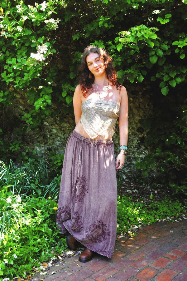 Embroidered Drawstring Midi Skirt in Dark Mauve - Free Size