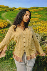 Embroidered Frill Sleeve Blouse in Honey Beige - Free Size