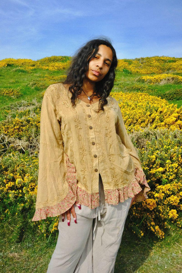 Embroidered Frill Sleeve Blouse in Honey Beige - Free Size