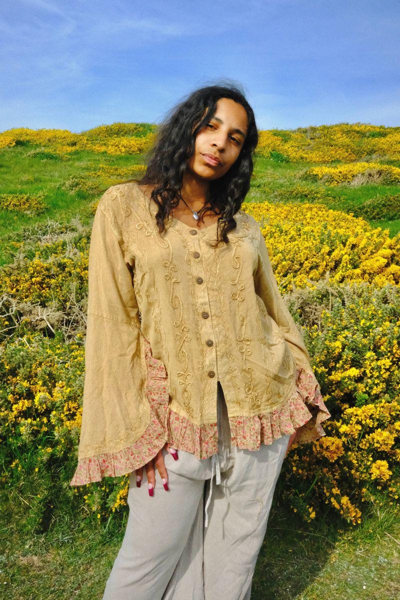 Embroidered Frill Sleeve Blouse in Honey Beige - Free Size