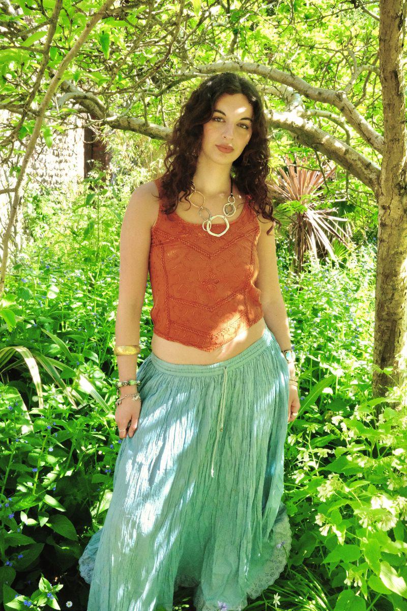 Embroidered Handkerchief Top in Burnt Orange - Free Size