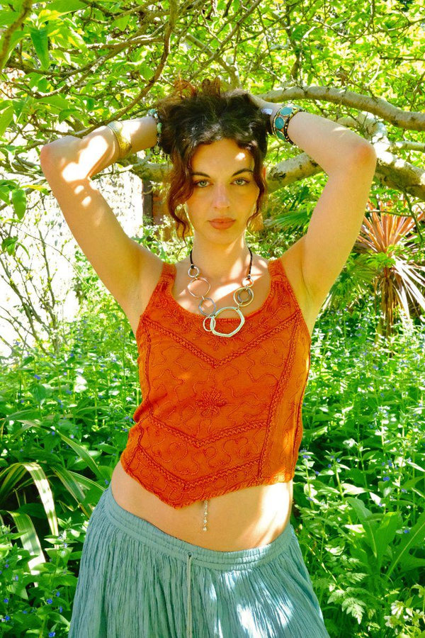 Embroidered Handkerchief Top in Burnt Orange - Free Size