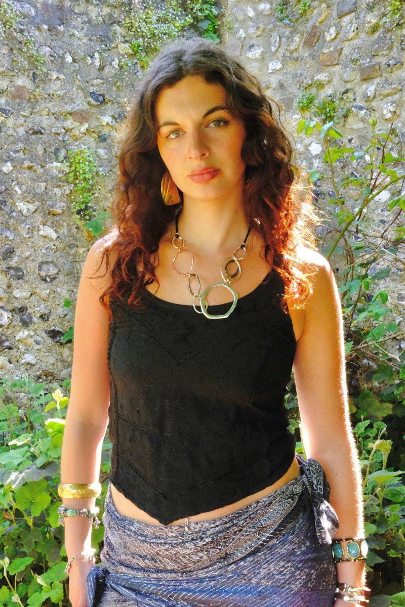 Embroidered Handkerchief Top in Pitch Black - Free Size