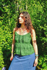 Embroidered Peplum Cami Top in Forest Green - Free Size