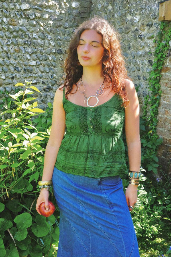 Embroidered Peplum Cami Top in Forest Green - Free Size