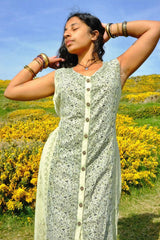 Embroidered Sleeveless Kaftan Midi in Dusty Sage Floral