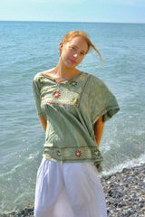 Embroidered Tunic Smock Top in Dusty Sage - Free Size