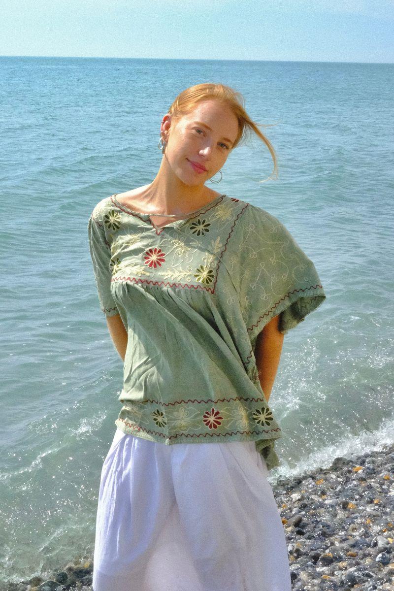 Embroidered Tunic Smock Top in Dusty Sage - Free Size