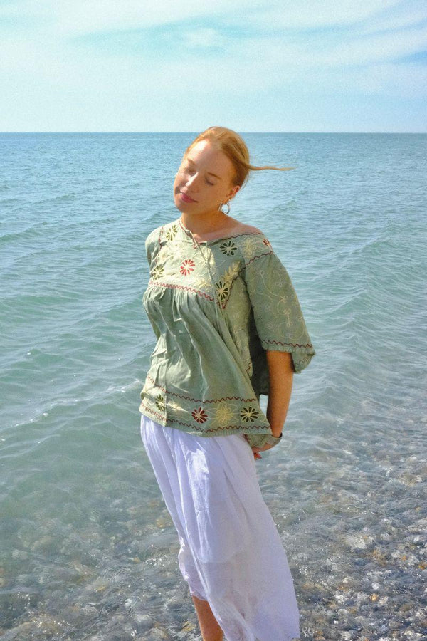 Embroidered Tunic Smock Top in Dusty Sage - Free Size
