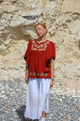 Embroidered Tunic Smock Top in Earth Red - Free Size