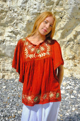 Embroidered Tunic Smock Top in Earth Red - Free Size