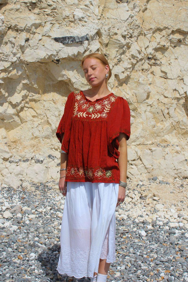 Embroidered Tunic Smock Top in Earth Red - Free Size