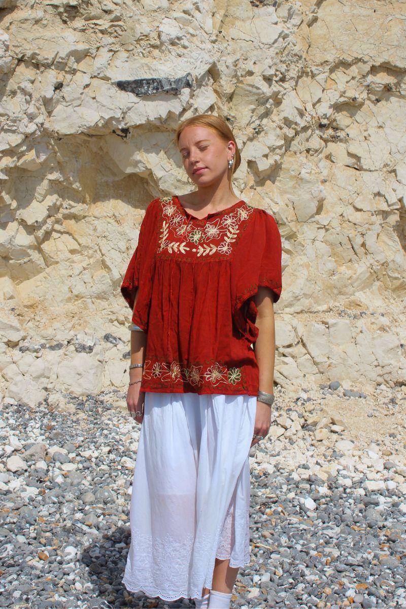 Embroidered Tunic Smock Top in Earth Red - Free Size