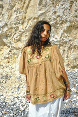 Embroidered Tunic Smock Top in Honey Beige - Free Size