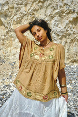 Embroidered Tunic Smock Top in Honey Beige - Free Size