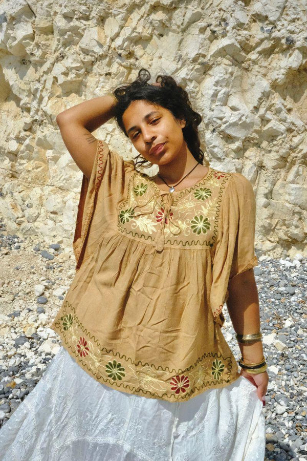Embroidered Tunic Smock Top in Honey Beige - Free Size