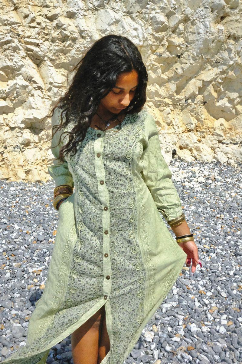 Indian Embroidered Half-Sleeve Maxi in Dusty Sage Floral