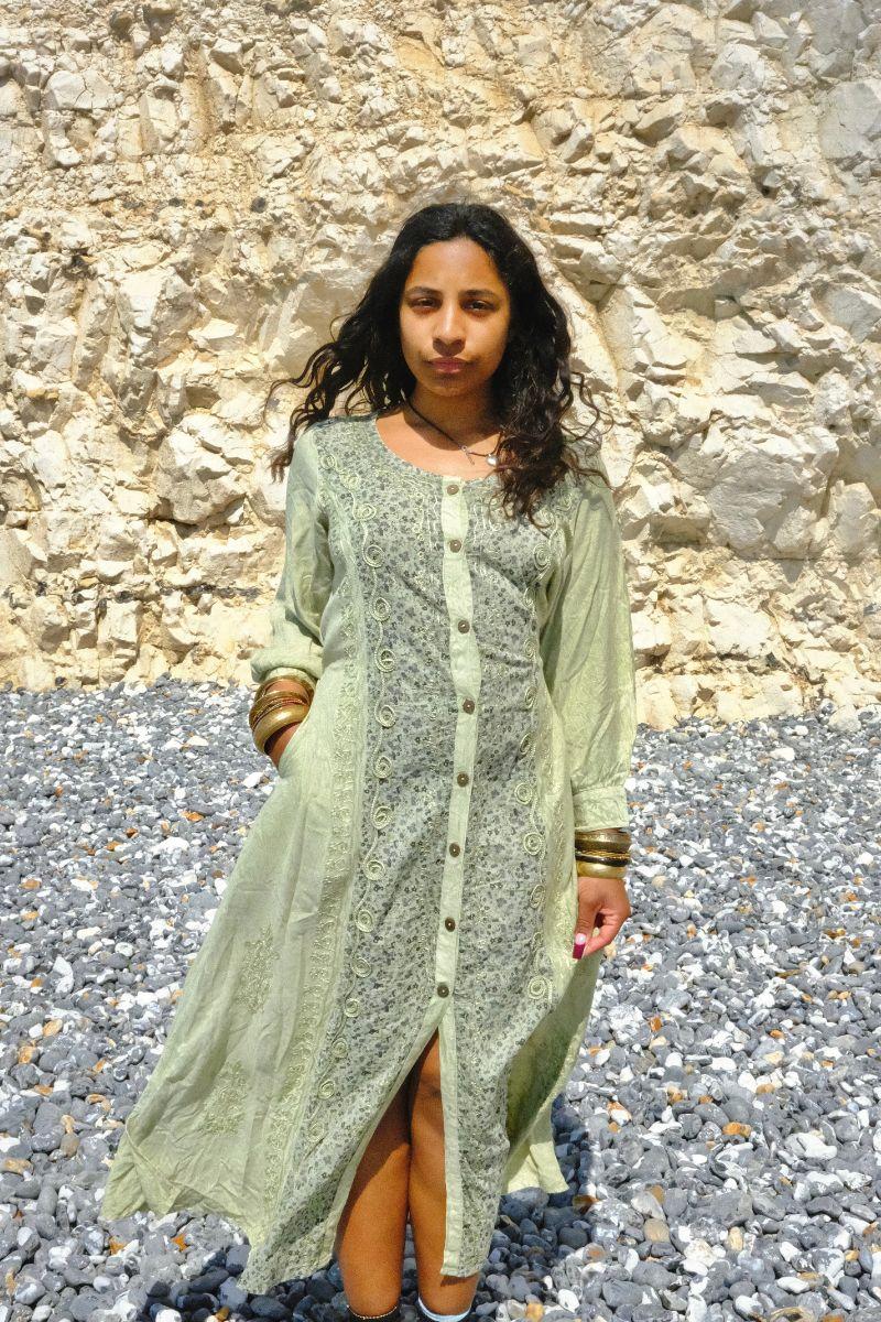 Indian Embroidered Half-Sleeve Maxi in Dusty Sage Floral