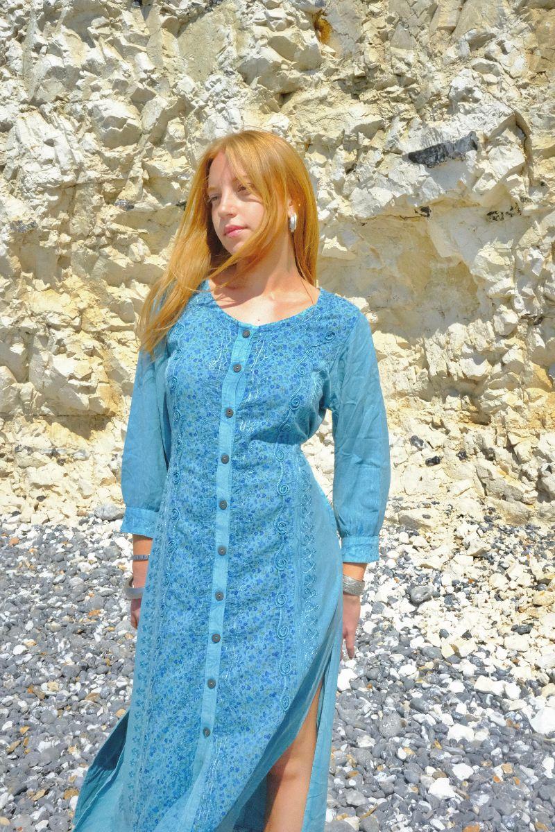 Indian Embroidered Half-Sleeve Maxi in Pearl Blue Floral