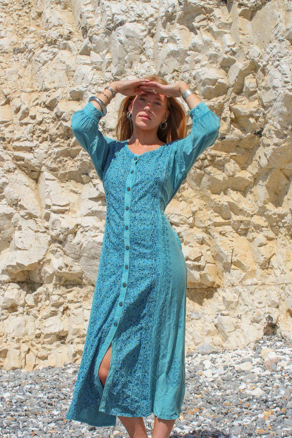Indian Embroidered Half-Sleeve Maxi in Pearl Blue Floral