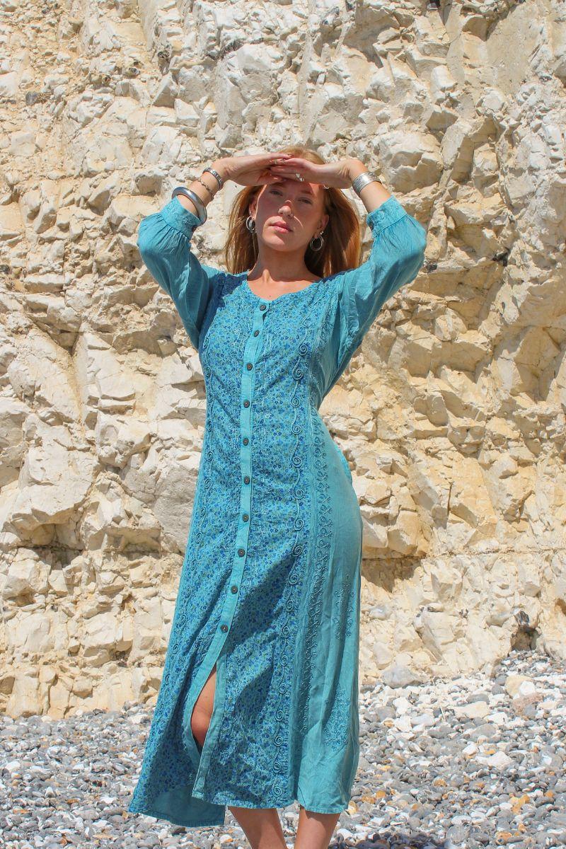 Indian Embroidered Half-Sleeve Maxi in Pearl Blue Floral