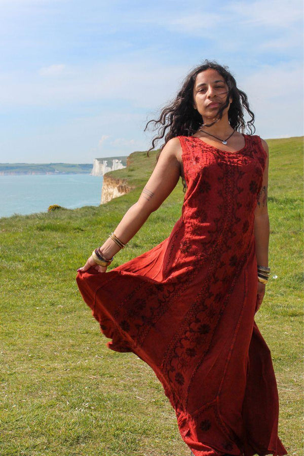 Indian Embroidered Maxi Slip Dress in Earth Red - Free Size