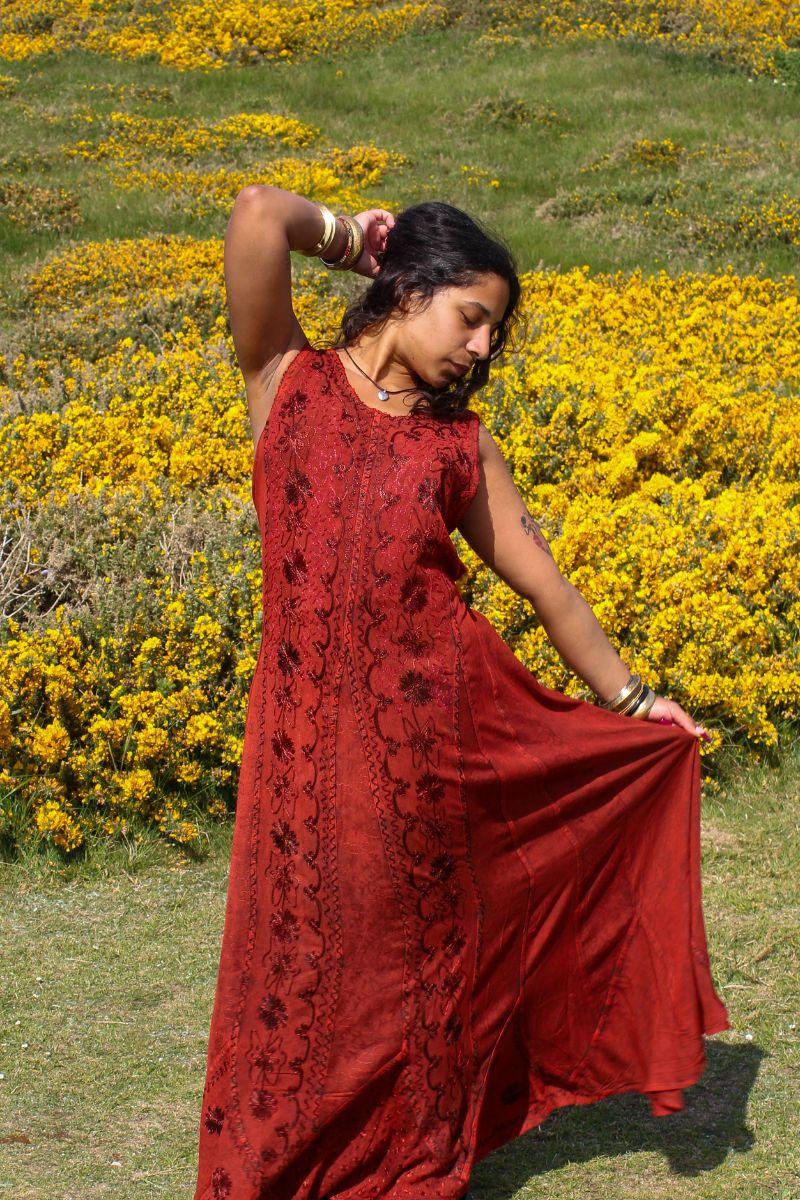 Indian Embroidered Maxi Slip Dress in Earth Red - Free Size