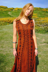 Indian Embroidered Maxi Slip Dress in Fox Red - Free Size