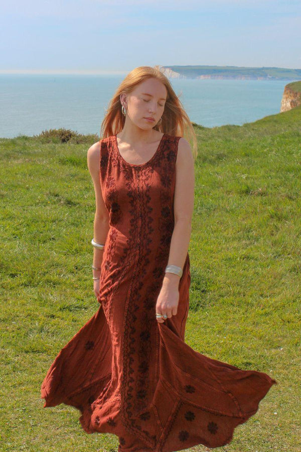 Indian Embroidered Maxi Slip Dress in Fox Red - Free Size