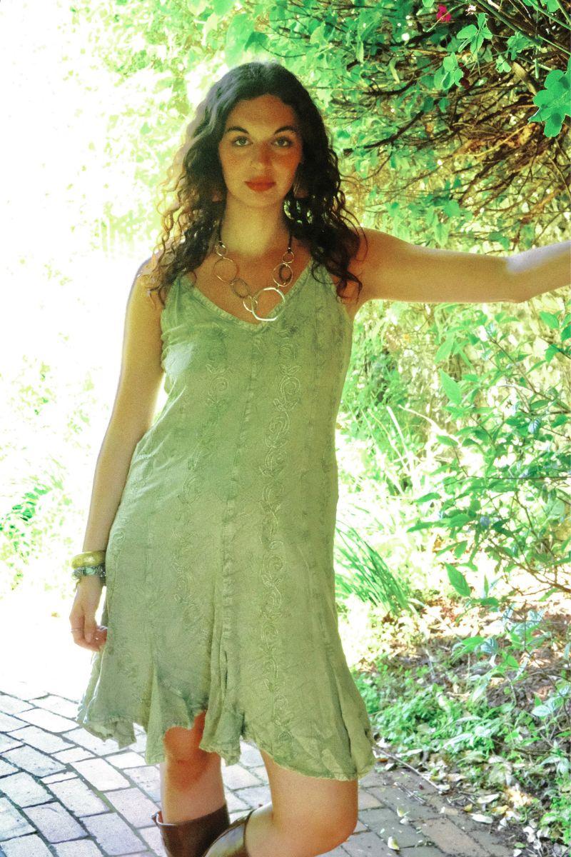 Indian Embroidered Mini Slip Dress in Dusty Sage - Free Size