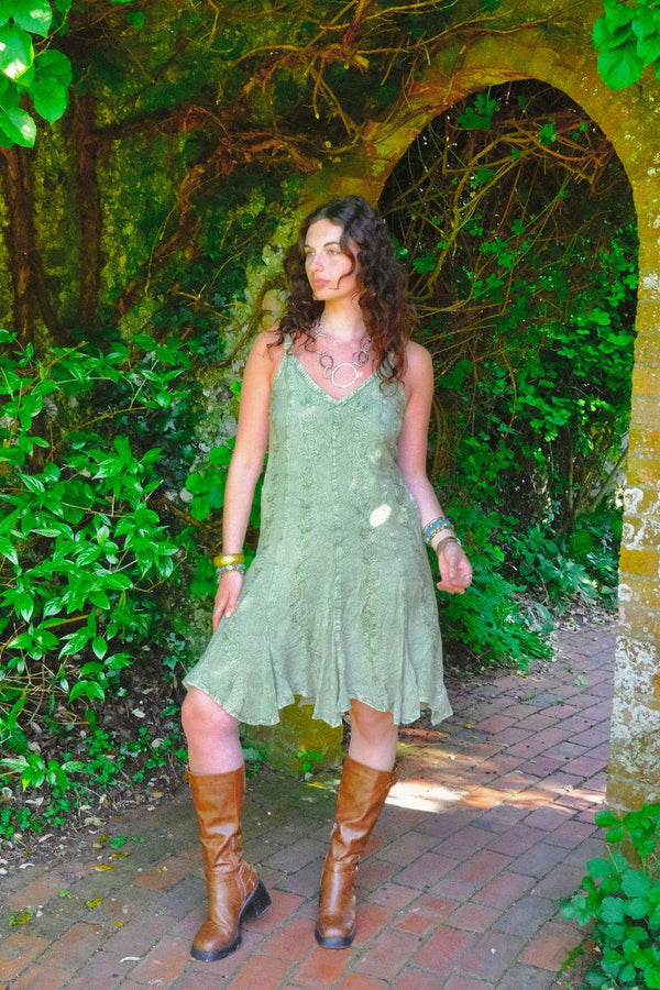 Indian Embroidered Mini Slip Dress in Dusty Sage - Free Size