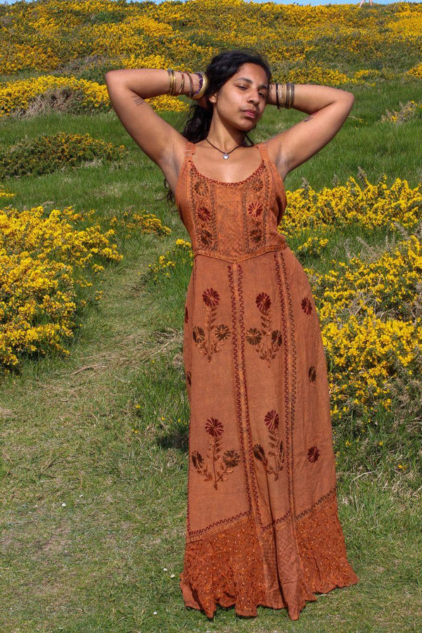 Indian Embroidered Strappy Maxi in Burnt Orange - Free Size 3XL