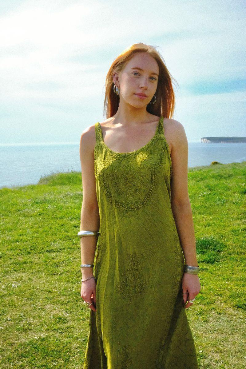 Indian Embroidered Strappy Maxi in Lime Green