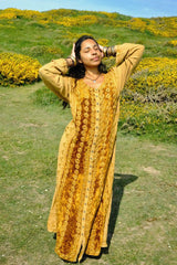 Indian Velvet Embroidered Kaftan in Honey Gold