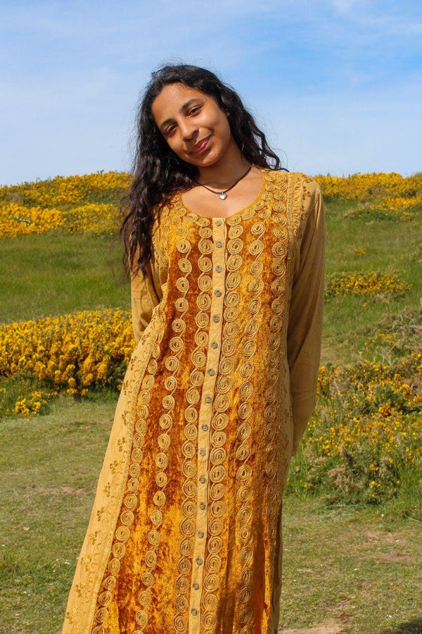 Indian Velvet Embroidered Kaftan in Honey Gold