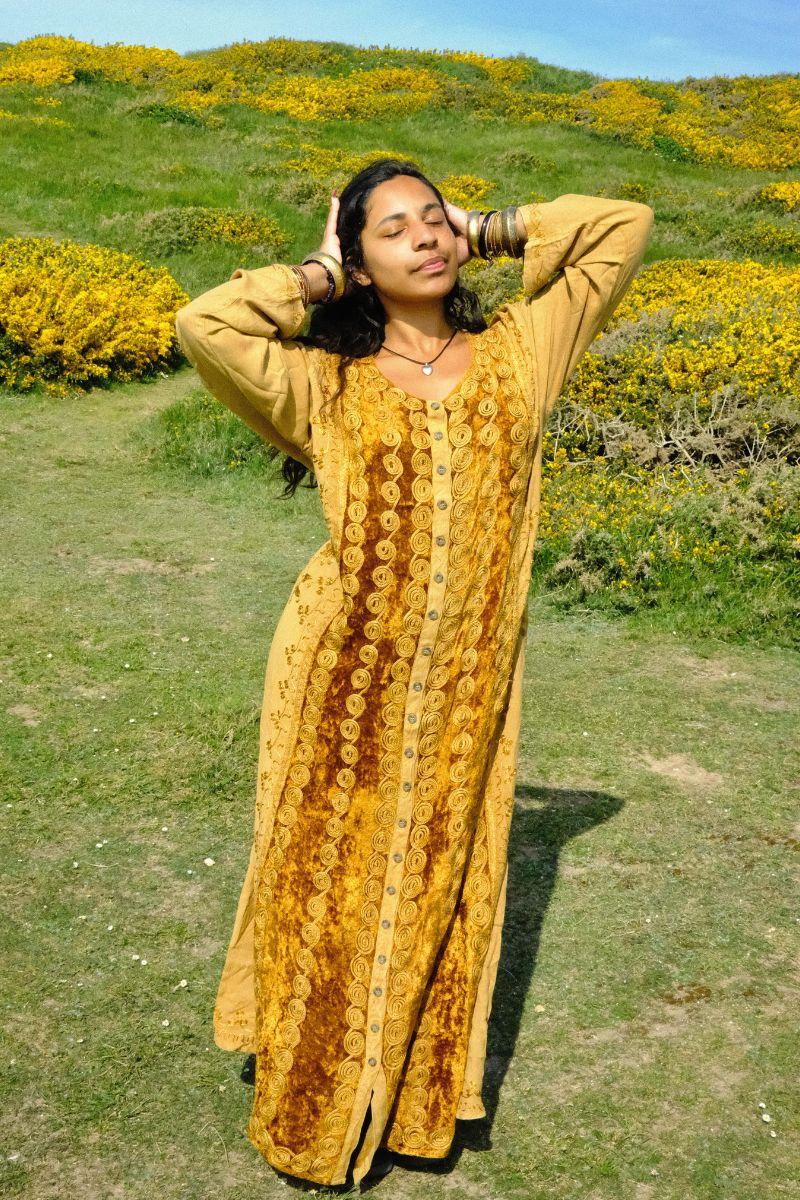 Indian Velvet Embroidered Kaftan in Honey Gold