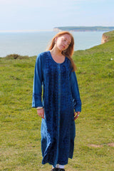Indian Velvet Embroidered Kaftan in Marine Blue