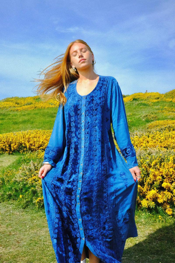 Indian Velvet Embroidered Kaftan in Marine Blue