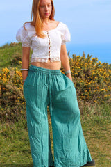 Indian Wide Leg Trousers in Calypso Blue - Free Size