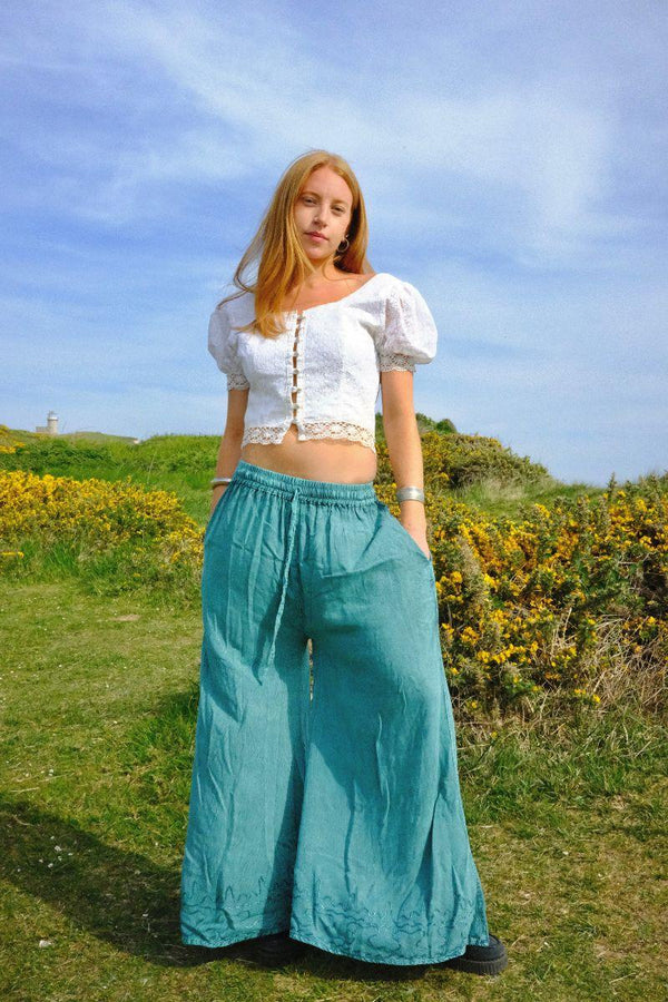 Indian Wide Leg Trousers in Calypso Blue - Free Size