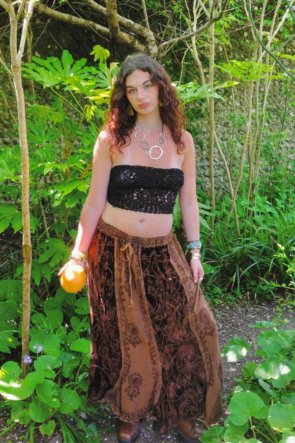 Velvet Handkerchief Midi Skirt in Chestnut Brown - Free Size
