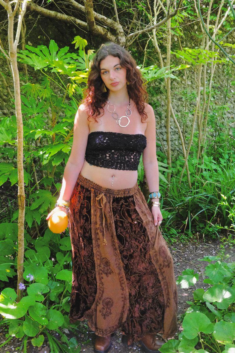 Velvet Handkerchief Midi Skirt in Chestnut Brown - Free Size