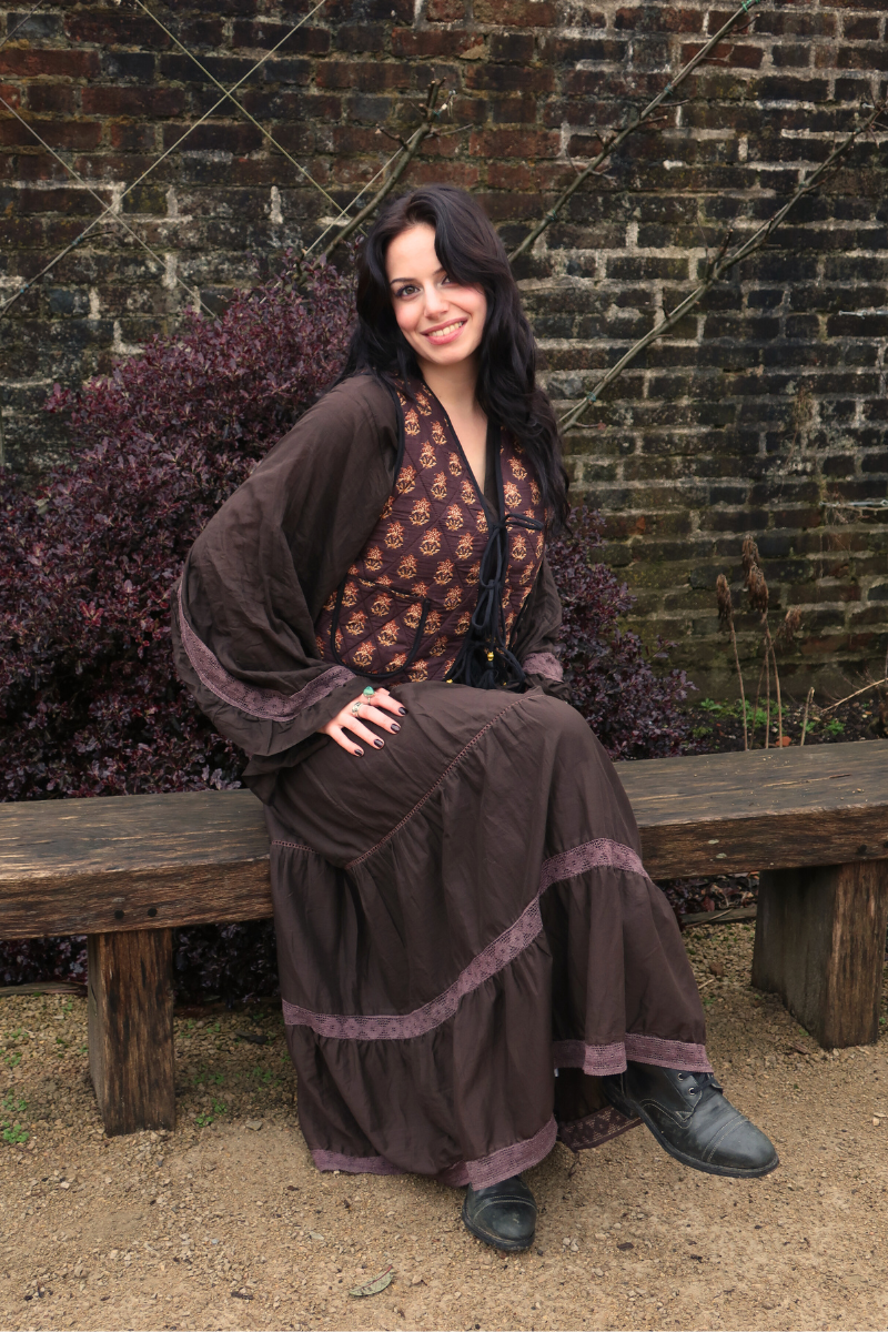 Dixie Quilted Waistcoat Top in Saddle Brown Block Print Floral