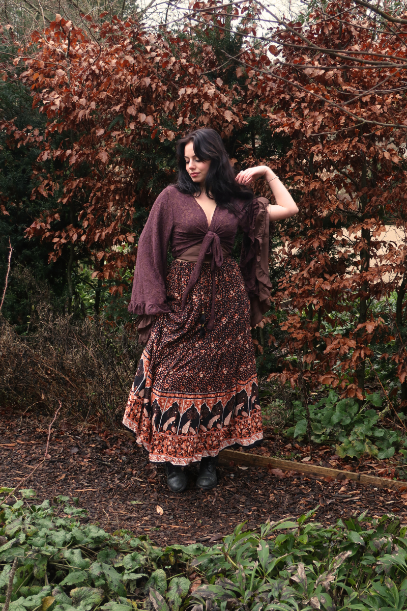 Peacock Prairie Skirt in Jet Black & Terracotta - Free Size