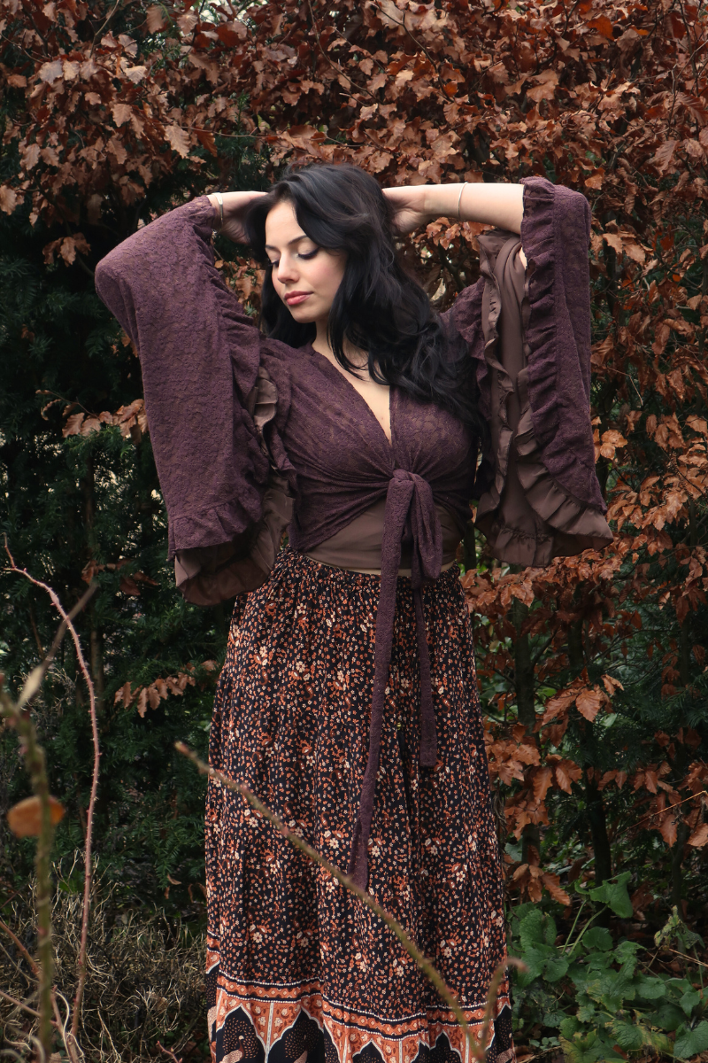 Peacock Prairie Skirt in Jet Black & Terracotta - Free Size