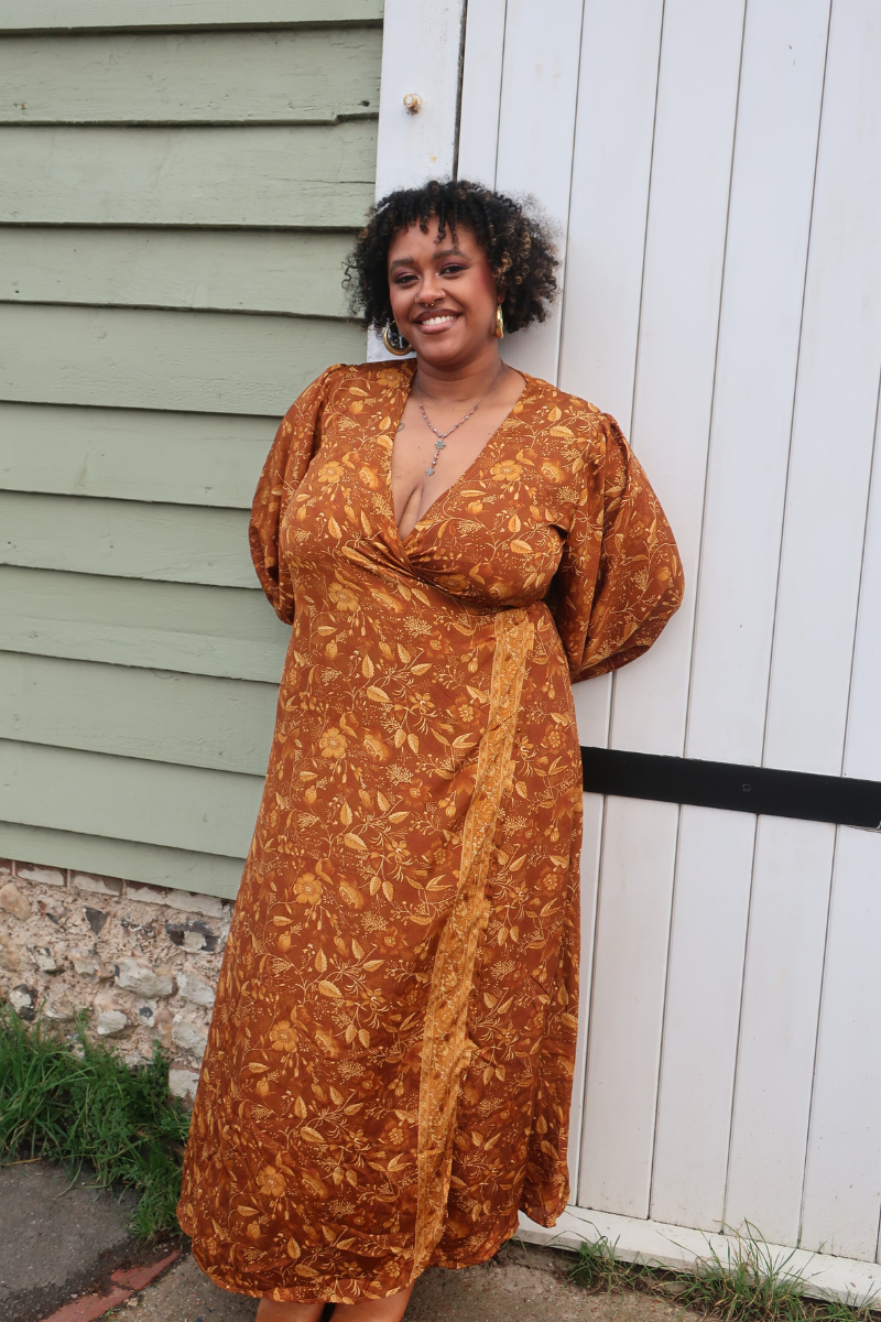 Lola Folklore Floral Wrap Dress in Witch-Hazel Gold
