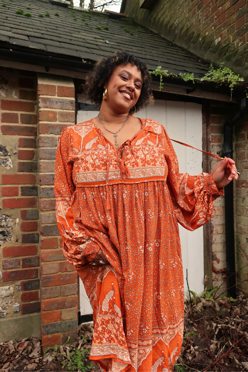 Peacock Primrose Dress in Burnt Orange