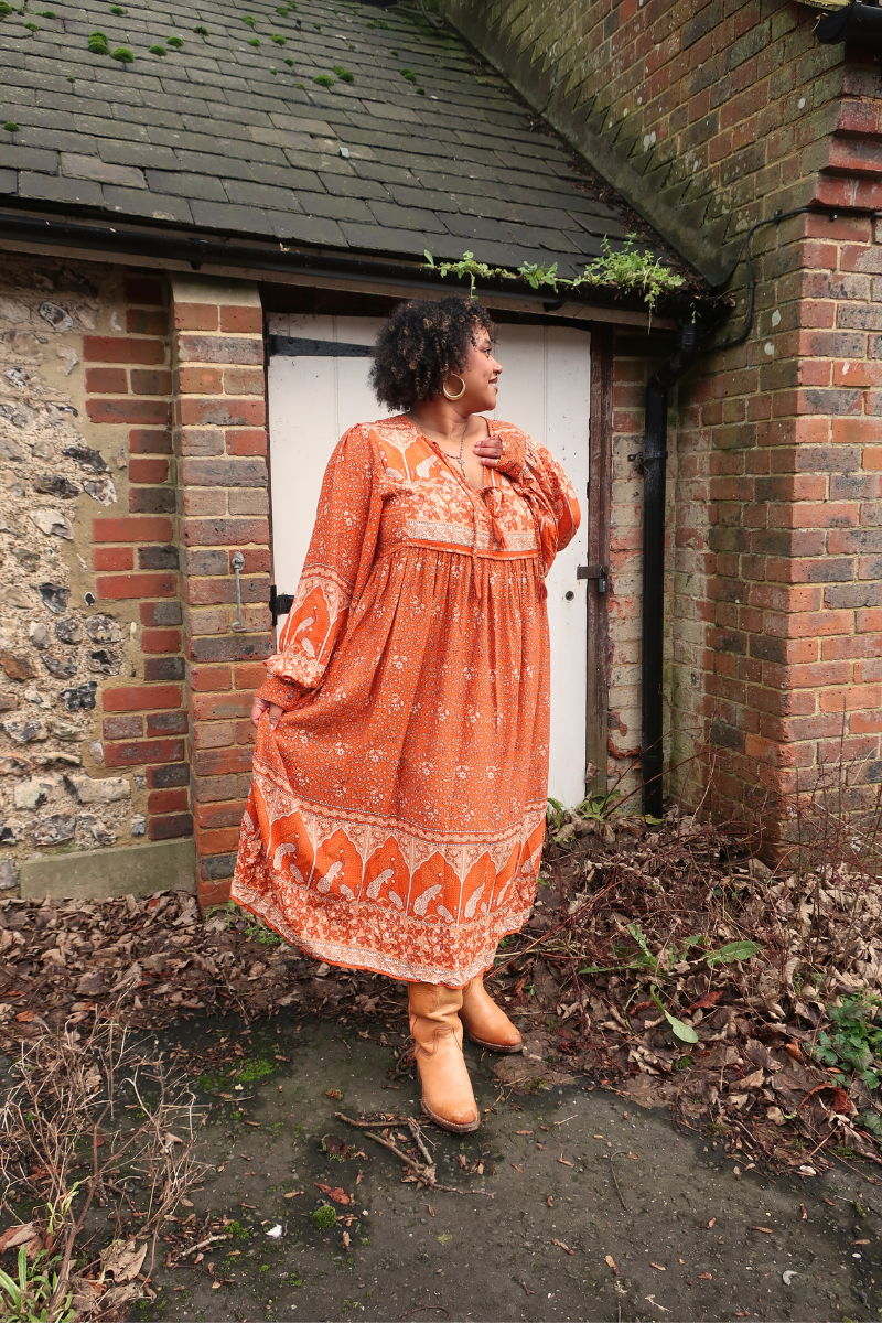 Peacock Primrose Dress in Burnt Orange