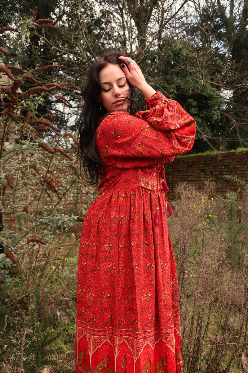 Peacock Primrose Dress in Berry Red